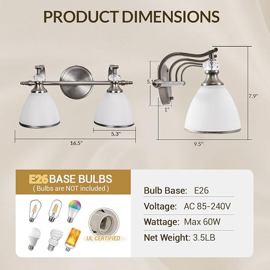 ANDY STAR Brushed Nickel Vanity Light, 2-Light Bathroom Light Fixtures with Milky White Bell-Shape Glass Shades, Eye-Friendly Bathroom Wall Lamp for Mirror, Kitchen, Bedroom, Hallway