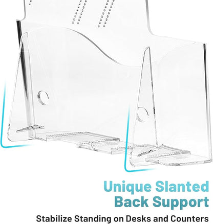 Acrylic Brochure Holder 6 x 8 Inches, 6-Pack Clear Plastic Display Stand for Half-Fold Flyers, Pamphlets, Menus, Trifold Literature, Wall Mount or Countertop Use