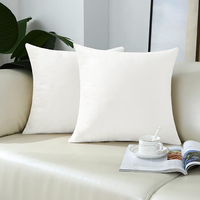 mixeoo Comfy Ivory White Throw Pillow Covers Decorative Square Solid Thick Velvet Super Soft Cushion Cases Home Decor for Sofa Couch Living Room Chair, Set of 2, 16 x 16 Inch