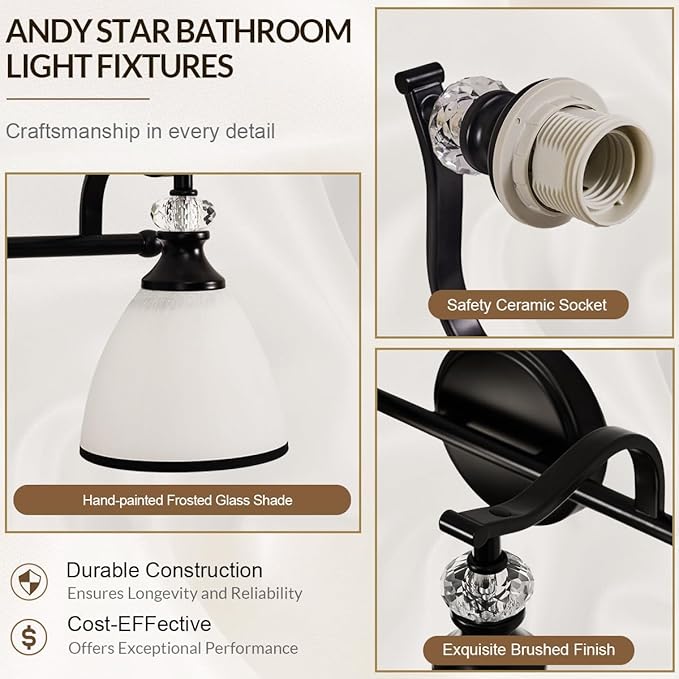 ANDY STAR Milky Glass Bathroom Vanity Light Over Mirror, 3-Light Matte Black Bathroom Light Fixtures with Frosted Glass, 22.5 inch Modern Vanity Lighting Wall Mount, E26 Base, Bulbs Not Included