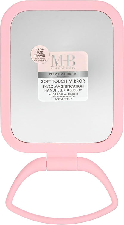 EXPRESSIONS Premium Soft Touch Rectangle Pink Vanity Mirror with 1x 2X Magnification, Rotating Handheld Tabletop Makeup Small Desk Travel