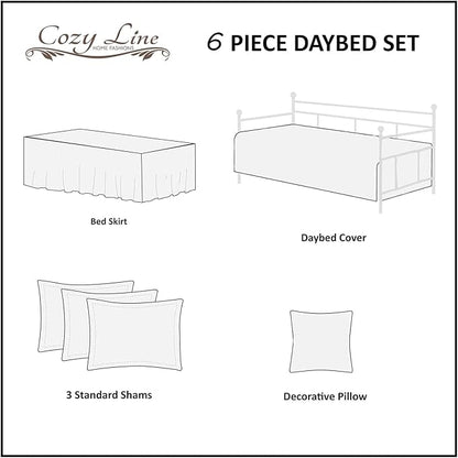 Cozy Line Home Fashions 6 Piece Daybed Cover Set, Solid White Matelasse Trendy Damask Quilting with Scalloped Edges All Season Luxury Bedding with Bedskirt, Matching Shams, Decorative Pillow