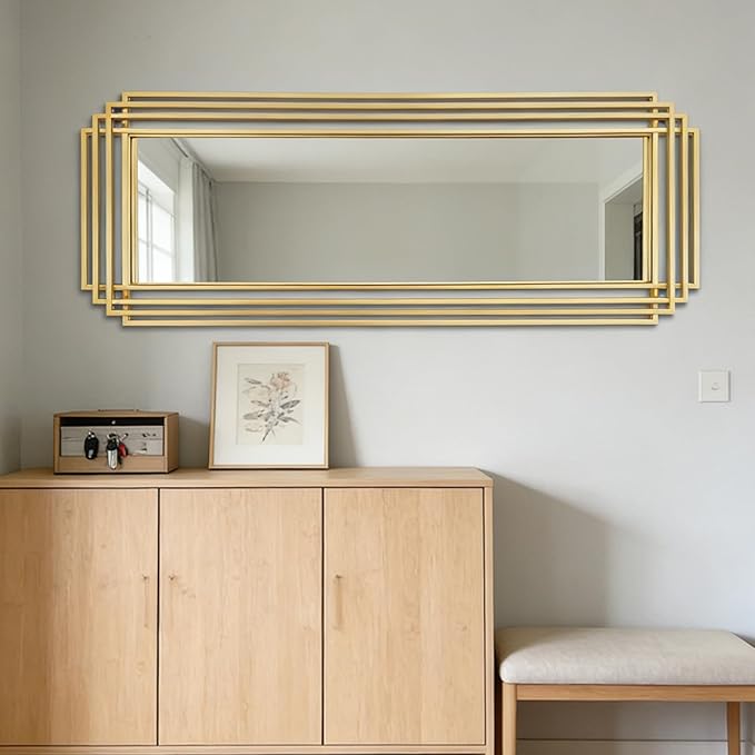 Gold Rectangle Mirror, 55"x22" Geometric Art Deco Mirror with Metal Frame, Large Modern Elegant Wall Mirrors for Living Room Bathroom Entryway Hallway, Hangs Vertically or Horizontally