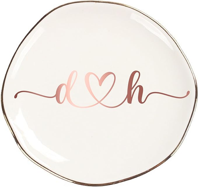 Personalized Ceramic Gold Trim Jewelry Tray Bridesmaid Wedding Engagement Gifts Jewelry Dish Decorative Trinket Custom Ring Dish With Name Couple Initials (Style B)