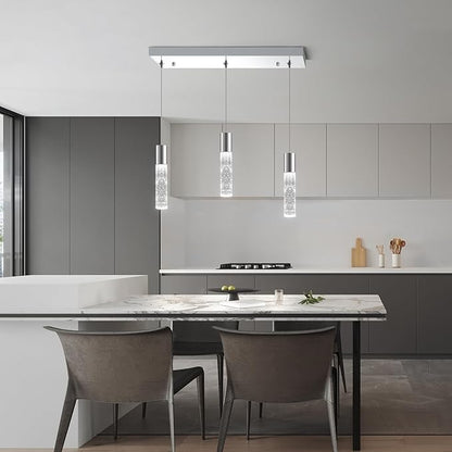 OKELI 3-Light Dimmable LED Pendant Lighting for Kitchen Island, 18W 1350LM Modern Crystal Bubble Island Light Fixture, 6000K Cool White, Adjustable Electro-Chrome Fixture, Easy Install, Square