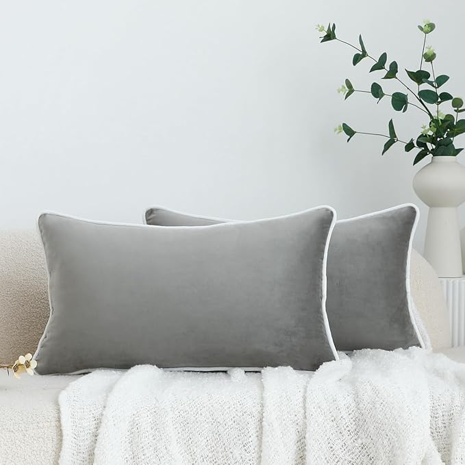 LIGICKY Set of 2 Grey Velvet Lumbar Pillow Covers Modern Minimalist Style Solid Decorative White Rope Edging Soft Rectangle Cushion Cases for Sofa Bedroom Party Décor, 12 x 20 inch