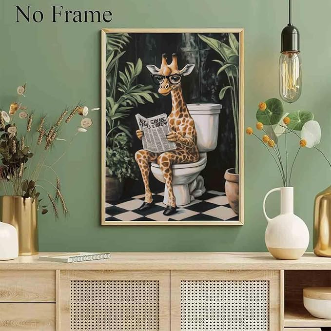 Giraffe Bathroom Wall Art Funny Giraffe Wall Art Funny Animal Reading Poster Unique Animal Paintings Green Plants Painting Tropical Rainforest Pictures Bathroom Living Room Decor 16x24inch No Frame