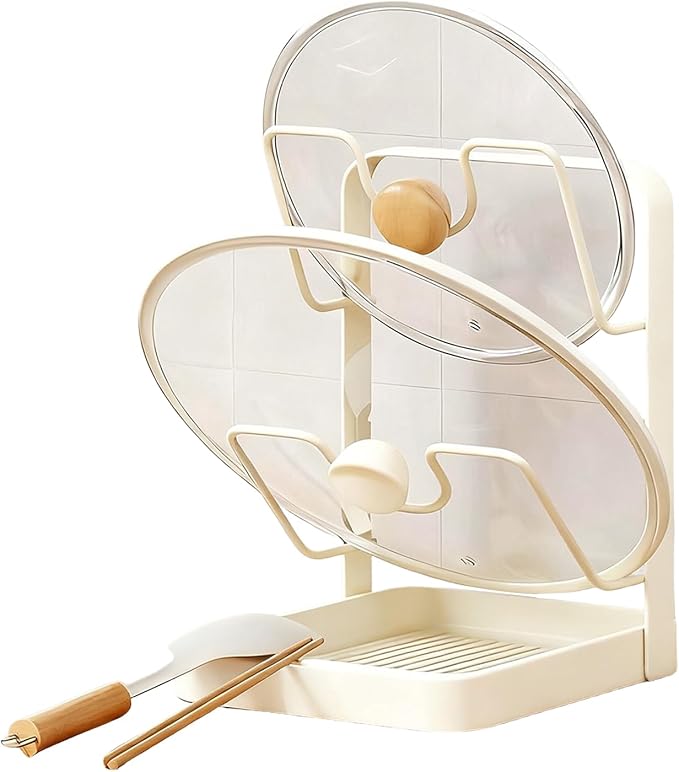 Kitchen Pot Lid Storage Rack, Pot Lid Rack, Multi-functional Kitchen Storage Racks, Space-Saving Kitchens Pots Cover Organizer Stand for Countertop (White)