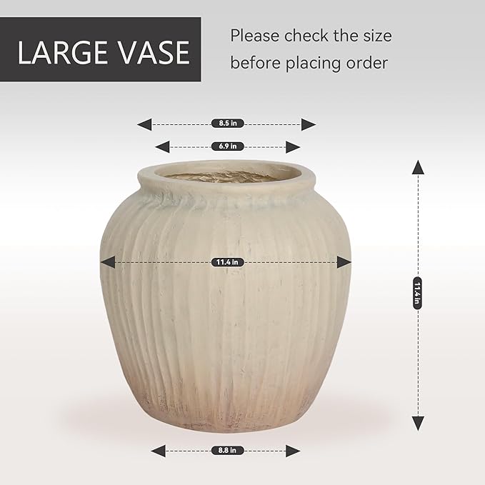 Oakrain Large Rustic Minimalist Vase, 11" Distressed Round Floor Vase for Home Decor, Farmhouse Centerpieces Planters with Gradient Design for Living Room Indoor Outdoor Use, Beige