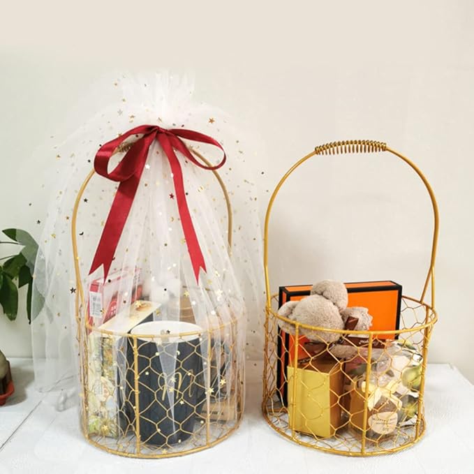 Decorative Iron Wire Fruit Basket with Handle Round Storage Basket for Wedding Decoration Floral Arrangements and Organizing Charming and Versatile Design