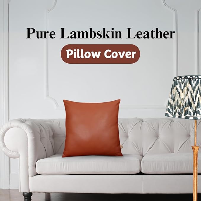 Genuine Lambskin Leather Pillow Cover, 22x22 Inch Case for Lumbar Throw Couch Pillows, Thick & Soft Cushion Covers for Sofa Bed Home Décor (Textured Terracotta Pack of 1)