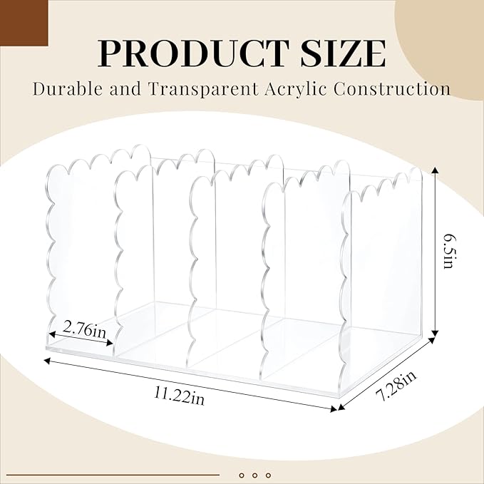 Scalloped Acrylic Magazine Holder with 4 Vertical Compartments 11.22 x 7.28 x 6.5 Inches Clear Acrylic Storage Mail Sorter with Wave Edge Design for Desktop Office Home