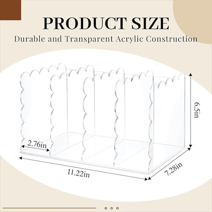 Scalloped Acrylic Magazine Holder with 4 Vertical Compartments 11.22 x 7.28 x 6.5 Inches Clear Acrylic Storage Mail Sorter with Wave Edge Design for Desktop Office Home
