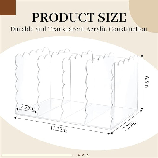 Scalloped Acrylic Magazine Holder with 4 Vertical Compartments 11.22 x 7.28 x 6.5 Inches Clear Acrylic Storage Mail Sorter with Wave Edge Design for Desktop Office Home