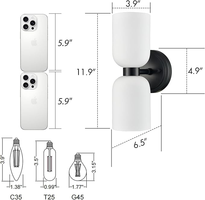 CLAXY Wall Sconces Set of 2 Modern Bath Vanity Light Fixtures Over Mirror Matte Black with Milky White Glass Shade Wall Lights for Bathroom, Bedroom, Hallway, Kitchen, Dimmable