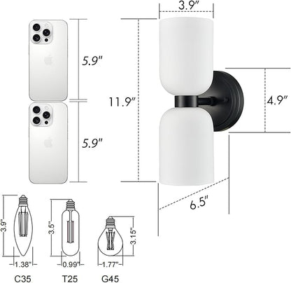 CLAXY Wall Sconces Set of 2 Modern Bath Vanity Light Fixtures Over Mirror Matte Black with Milky White Glass Shade Wall Lights for Bathroom, Bedroom, Hallway, Kitchen, Dimmable