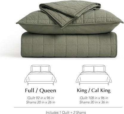 EVERGRACEHOME 100% Cotton Box Stitch Quilt Bedding Set King Size 3 Pieces, Garment-Washed Lightweight Soft Cozy Coverlet, Oversized Quilted Bedspread Sets with 2 Shams for All Season, Olive Green