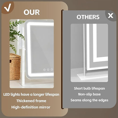 ROLOVE Vanity Mirror with Lights 13x16 Inch, Smart Touch Control, 3 Color Lighting Modes, Table Top Mirror with Stand for Bedroom