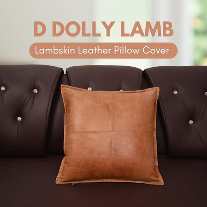 D DOLLY LAMB Lambskin Leather Pillow Cover - Sofa Cushion Case - Decorative Throw Covers for Living Room & Bedroom, 16x16 Inches - Antique Brown Box Pack of 1