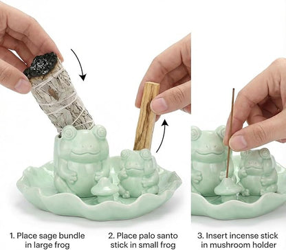 ChangWanna Multifunction 4 in 1 Frog Incense Holder, Palo Santo Holder, Sage Holder, Ceramic Incense Stick Holder for Burning - Cute Ash Catcher Tray for Yoga/Meditation/Home Room Office Decor, Green