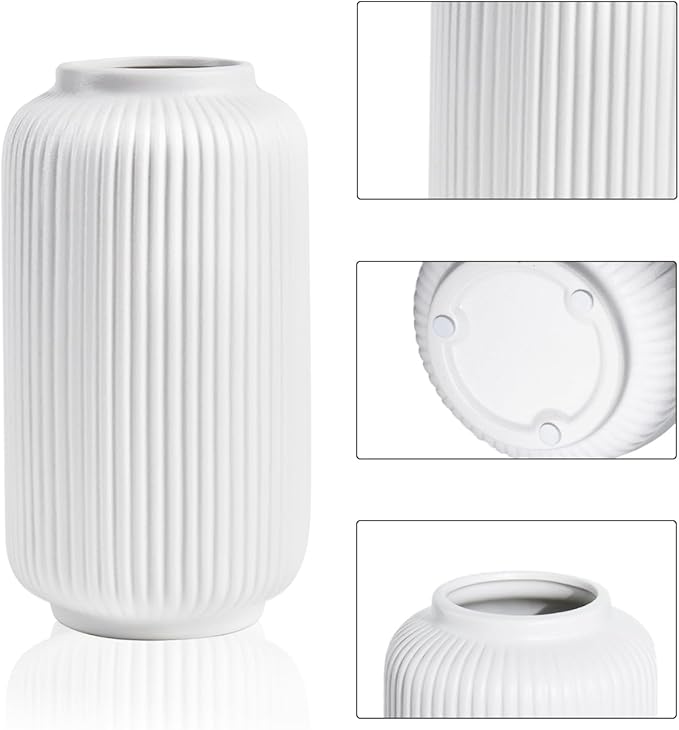 Matte White Ceramic Flower Vase, 8 Inch Ribbed Vase for Pampas Grass, Fresh or Dried Flowers, Decorative Centerpiece for Living Room, Kitchen, Bookshelf, Office Decor