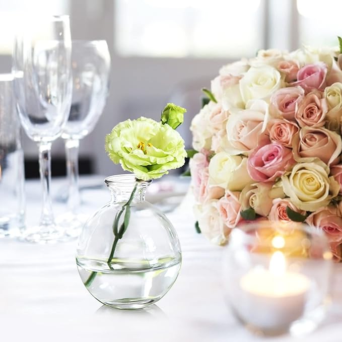 SOUJOY Set of 12 Small Glass Ball Bud Vase, Unique Mini Low Sitting Flower Vase, Clear Floral Centerpieces for Home Decor, Weddings, Floral Arrangements, Events, Parties