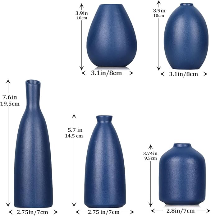 Blue Ceramic Vase - Set of 5 Blue Bud Vases, Modern Farmhouse Navy Blue Decorative Vases for Home, Office, Living Room, Table Decor - Ideal Centerpieces for Flowers, Shelf and Fireplace Accents