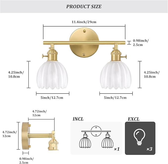 Bathroom Light Fixtures, 2-Light Brass Vanity Wall Light Over Mirror with White Tulip Glass Shade for Bedroom Living Room (Bulb Not Included)