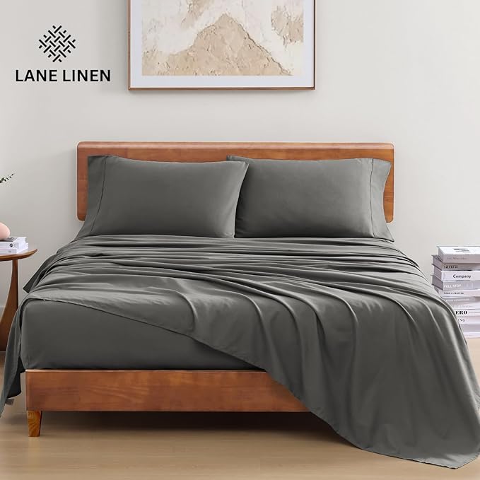 LANE LINEN 100% Organic Cotton Queen Sheets - 4PC Queen Size Set, Soft & Breathable Percale Weave Hotel-Quality Bedding - Charcoal & White (2 Pack)