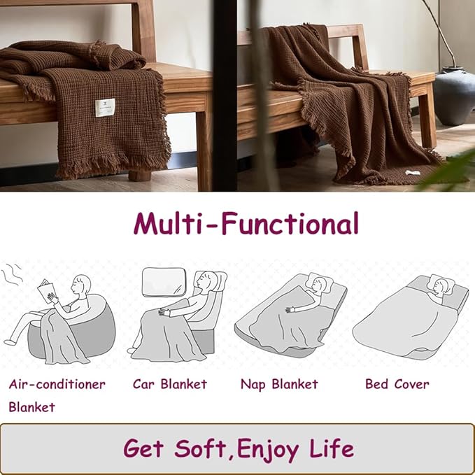 100% Cotton 4-Layer Muslin Blanket with Fringes, 50"x60", Brown Throw Blanket, Ultra-Soft Gauze Blanket, Boho Bedding for All Seasons, Breathable for Couch, Bed(Brown,Throw)
