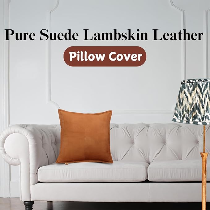 Genuine Suede Leather Pillow Cover, 16x16 Inch Case for Lumbar Throw Couch Pillows, Thick & Soft Cushion Covers for Sofa Bed Home Decor (Suede Tan Box Pack of 1)