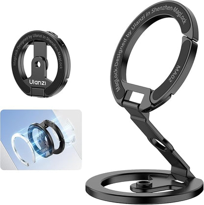 ULANZI MA02 Dual Magnetic Ring Phone Grip Stand, Aluminum for MagSafe Gym Kickstand Compatible with iPhone 17-12 Series, Foldable Phone Tripod Mount with 1/4" Screw for Live Streaming Vlog