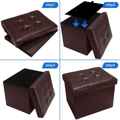Storage Ottoman, Folding Foot Stool with Thicker Foam Padded Seat Small Leather Storage Ottoman Bench Foot Rest for Living Room Foldable Coffee Table 17x13x13in,Brown