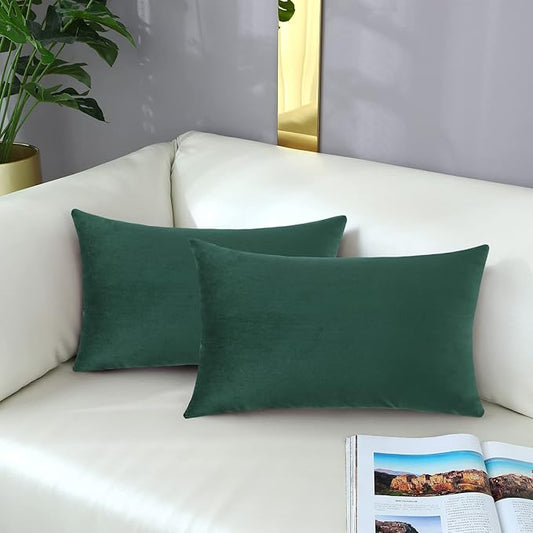 mixeoo Comfy Hunter Green Throw Pillow Covers Decorative Rectangle Solid Thick Velvet Super Soft Cushion Cases Home Decor for Sofa Couch Living Room Chair, Set of 2, 12 x 20 Inch