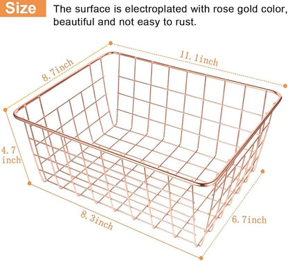 4 Pack Wire Baskets for Pantry Metal Wire Freezer Organizer Bins with Handles, Metal Basket Rose Gold Wire Baskets for Storage Organizing Office, Kitchen Cabinets, Bathroom, Countertop
