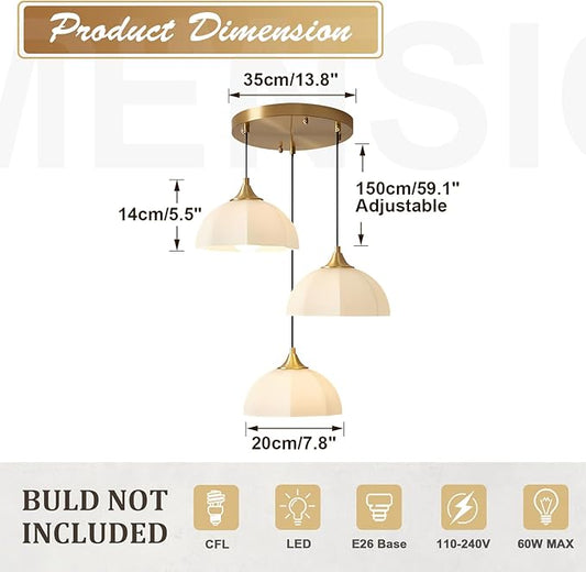 3 Light Cluster Pendant Lighting Gold Milk Glass Chandelier Brushed Brass Pendant Lights Kitchen Island Adjustable Hanging Dining Room Lighting Stairwell Brass Cluster Chandelier MPL17-3R GDN