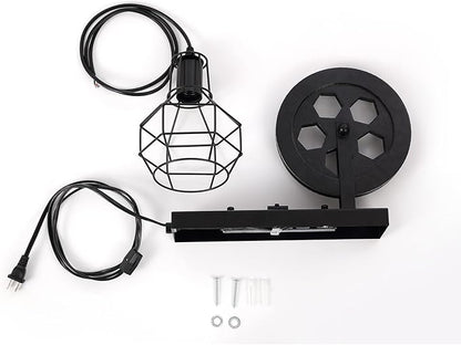 Plug in Wall Sconce Rustic Wall Light Lift Pulley Matte Iron Cage Shade Metal Black Industrial Mid Century Wall Lamp Indoor Lighting Barn Restaurant