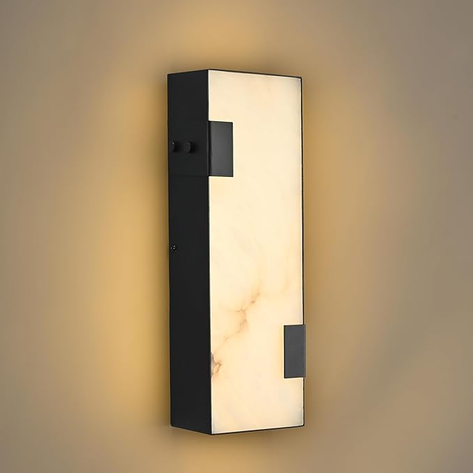 Modern Alabaster Wall Sconce 14.17” Black Frame with Natural Marble Shade Dimmable 3000K Warm Glow Light for Bedroom Hallway Fireplace Staircase
