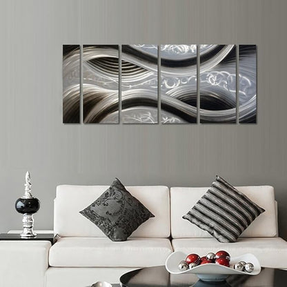 MyArton Handcrafted Abstract Metal Wall Art with Soft Color, Large Scale Decor in Black Line Design, 3D Artwork for Indoor Outdoor Wall Decorations, 6-Panels Metal Art Measure 24"x 65"