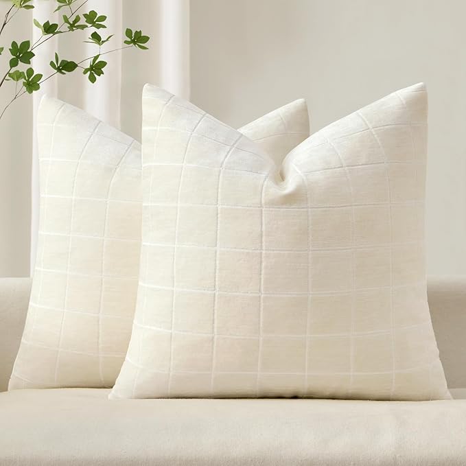 MIULEE Decorative Chenille Check Throw Pillow Covers Vintage Plaid Couch Pillows 18x18 Inch Set of 2 Neutral Boho Farmhouse Cushion Covers Modern Spring Home Decor for Sofa Bed Living Room Cream