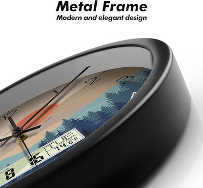Silent Wall Clock with Day Week Temperature Wilderness with Sunset Non-ticking Battery Operated Large Digital Modern Clocks Display with Calendar and Date for Kitchen Farmhouse Bathroom Office 12 Inch