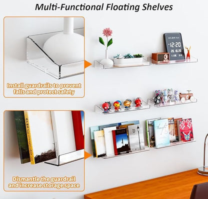 4 Pcs Acrylic Floating Shelves, 15" Wall Mounted Bookshelves Farmhouse Shelves for Display Book Photo Figures Plants, Display Shelf Organizer for Bedroom Living Kitchen Room Storage