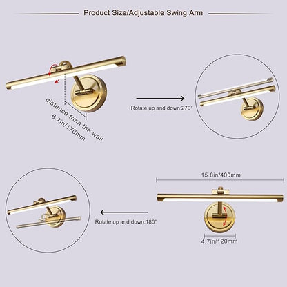 Modern Dimmable Picture Lights for Wall 15.7 Inch Hard-Wired LED Picture Frame Lights for Paintings Gallery Light with Adjustable Swing Arm Display Lights For Artwork, 7W, 2700K, Warm White - Brass
