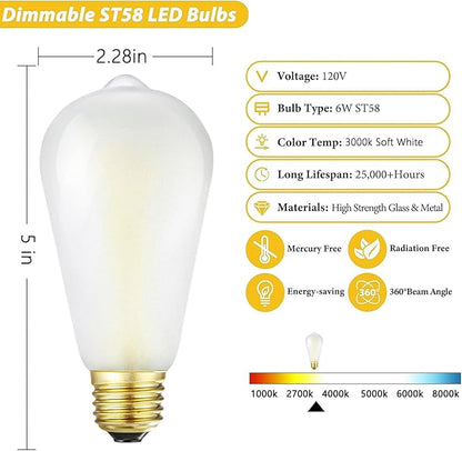 E26 Frosted LED Edison Bulbs, 6W Equivalent 60W,600LM,AC120V, Soft White 3000K,ST58 Dimmable Antique LED Filament Bulbs with 90+ CRI, Pack of 6 (6W=60W Soft White)