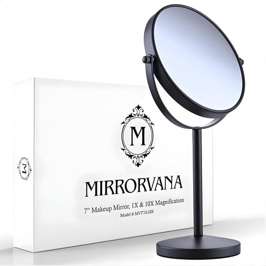MIRRORVANA 10X Magnifying Makeup Mirror on Round Stand for Tabletop, Bedroom Vanity Desk and Bathroom Counter - Free Standing Double Sided 10X/1X Magnification Mirror - 7" Wide and 14" Tall (Black)