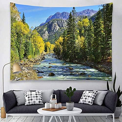 YISURE Nature Mountain Forest Tapestry, Scenic Green Pine Tree Waterfall Landscape Wall Hanging Tapestries for Home Office Dorm Indoor and Outdoor Decoration Large Size, 108(W) x80(L) Inch