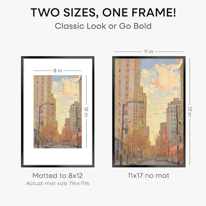 Homeforia 11 x 17 Picture Frame Black, High End Metal 11x17 Poster Frames with Mat 8x12 for Photo, 11 x 17 Black Frame Matted to 8 x 12 inch Print, 17x11 Thin Frame, Tempered Glass, Wall Kit, Set of 1