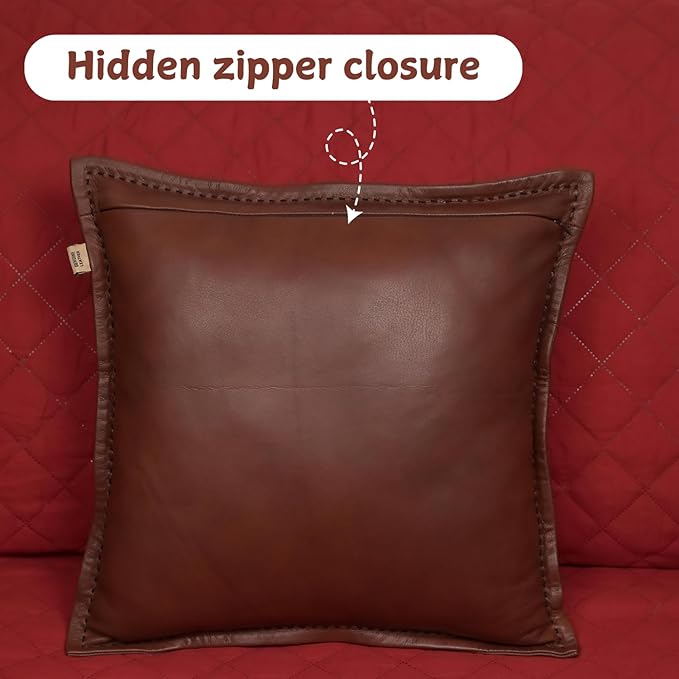 Genuine Lambskin Leather Pillow Cover, 20x20 Inch Case for Lumbar Throw Couch Pillows, Thick & Soft Cushion Covers for Sofa Bed Home Décor (Dark Brown & Black Box Pack of 1)