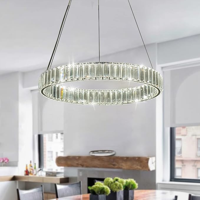 Modern Crystal Chandelier LED Dimmable Pendant Light with Remote 24" Round Ring Crystal Chandeliers for Living Room Dining Room Bedroom