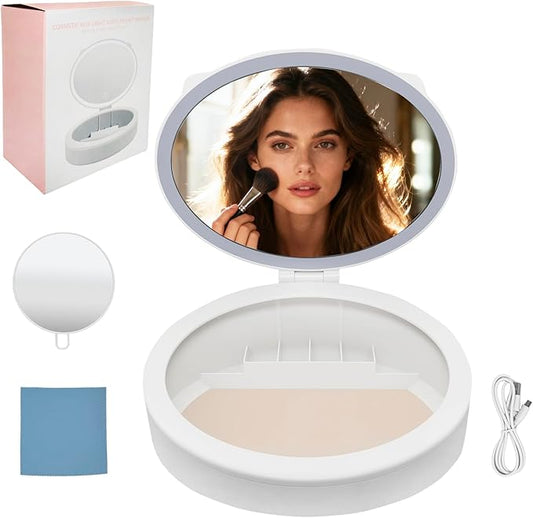 LED Makeup Mirror with Storage, 10X /1X Magnifying Vanity Mirror with 3 Types of Light, 66 LED Vanity Mirror with Lights,3-in-1 Deskop Storage Mirror,Travel Makep Mirror (White)